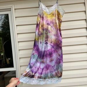 Purple and yellow tie-dye slip dress with lace